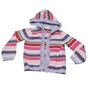 Stripe hooded cardigan ruffle trim